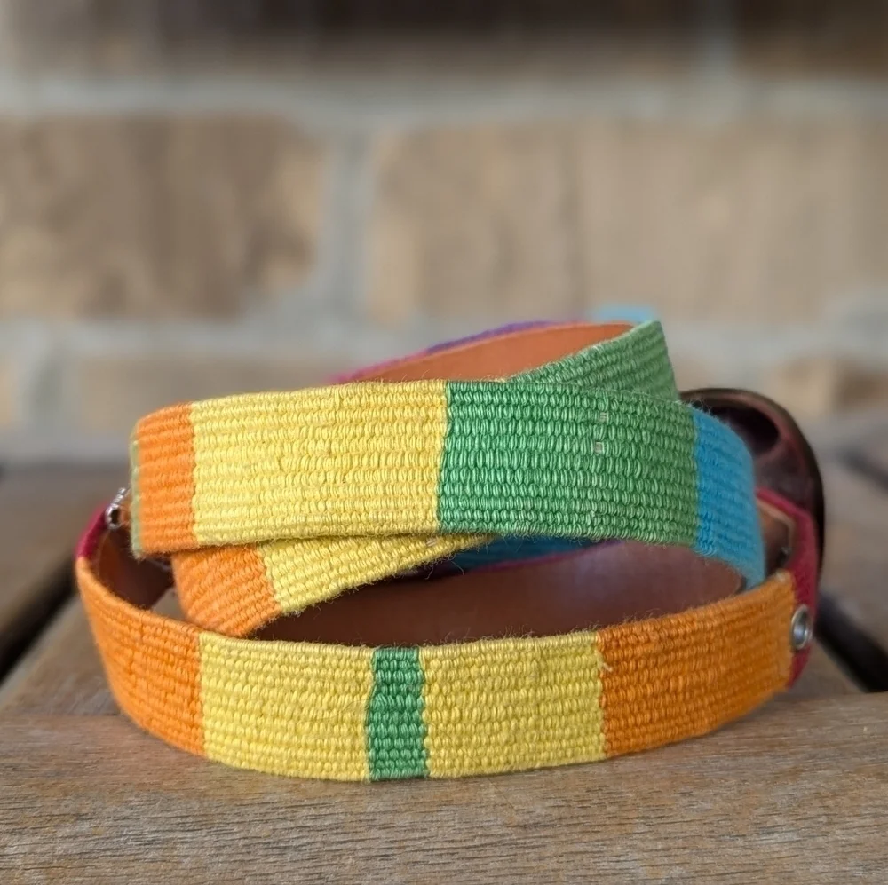 Vintage 90s Rainbow Woven Skinny Belt Size Large Leather Silver